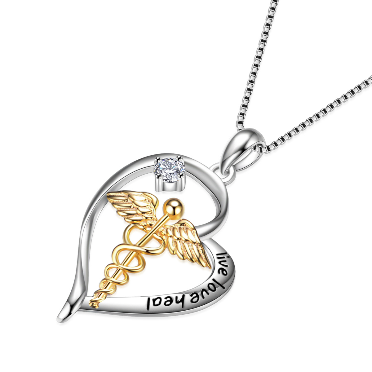 Sterling Silver Two-tone Circular Shaped Cubic Zirconia Caduceus & Heart Pendant Necklace with Engraved Word-3