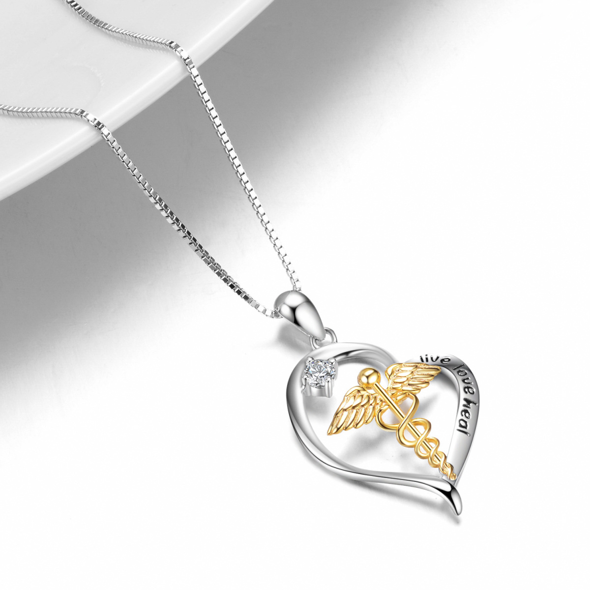 Sterling Silver Two-tone Circular Shaped Cubic Zirconia Caduceus & Heart Pendant Necklace with Engraved Word-4