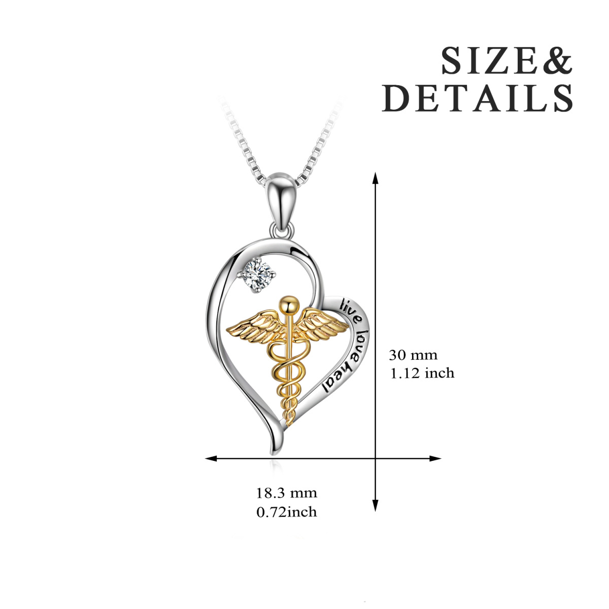 Sterling zilveren tweekleurige cirkelvormige cubic zirconia Caduceus & hart hanger ketting met gegraveerd woord-5