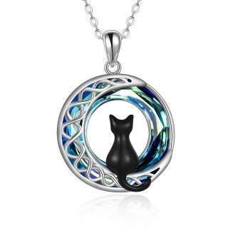 Sterling Silver Two-Tone Circular Crystal Cat Celtic Knot And Moon Pendant Necklace For Women-5