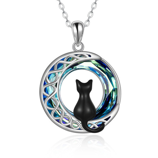 Sterling Silver Two-tone Circular Shaped Cat & Celtic Knot & Moon Crystal Pendant Necklace-3