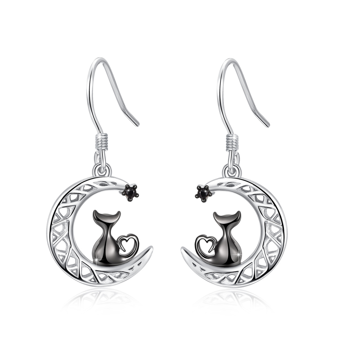 Sterling Silver Two-Tone Circular Cubic Zirconia Cat & Celtic Knot Moon Drop Earrings For Women Best Friends-1