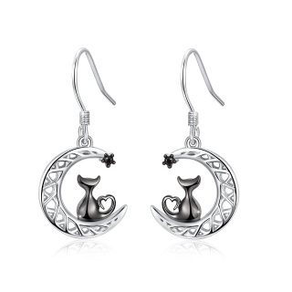 Sterling Silver Two-Tone Circular Cubic Zirconia Cat & Celtic Knot Moon Drop Earrings For Women Best Friends-29