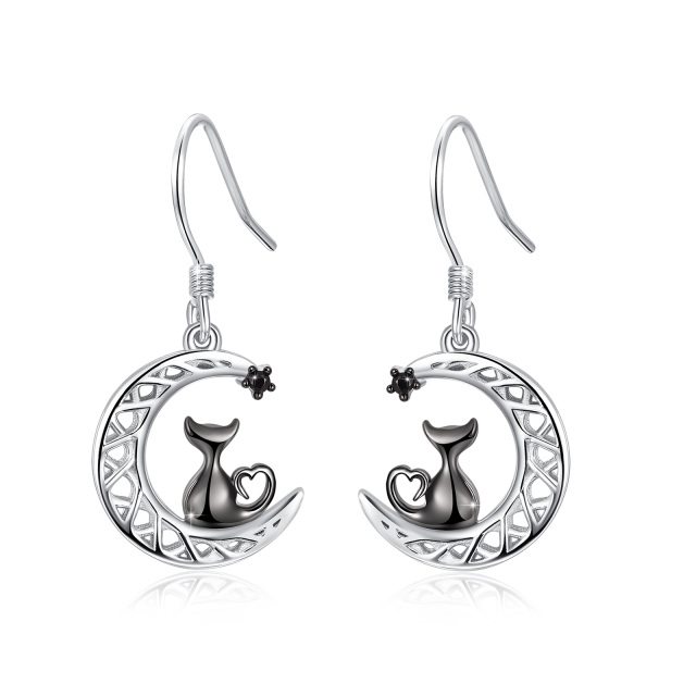 Sterling Silver Two-Tone Circular Cubic Zirconia Cat & Celtic Knot Moon Drop Earrings For Women Best Friends