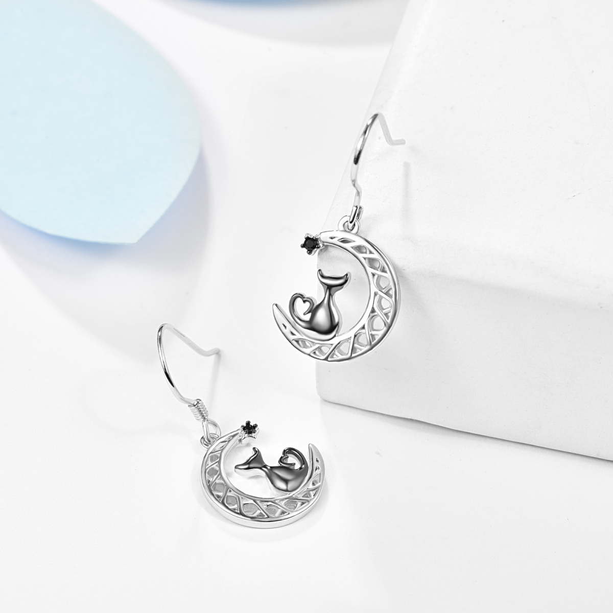 Sterling Silver Two-Tone Circular Cubic Zirconia Cat & Celtic Knot Moon Drop Earrings For Women Best Friends-4