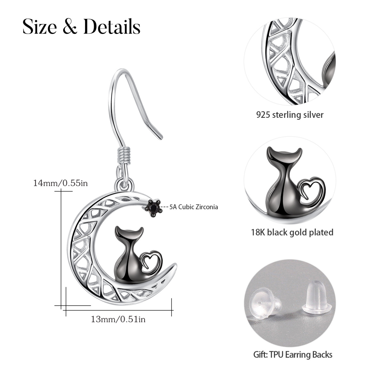 Sterling Silver Two-Tone Circular Cubic Zirconia Cat & Celtic Knot Moon Drop Earrings For Women Best Friends-5