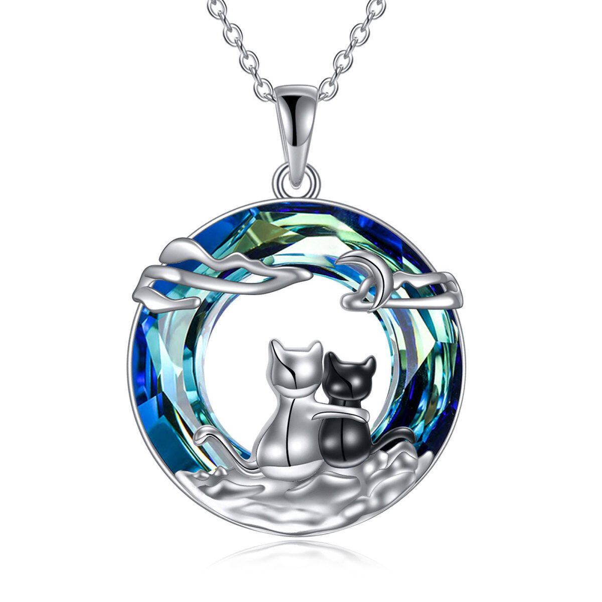 Sterling Silver Two-Tone Circular Cat & Couple & Cloud & Moon Crystal Pendant Necklace With Engraved Word-1