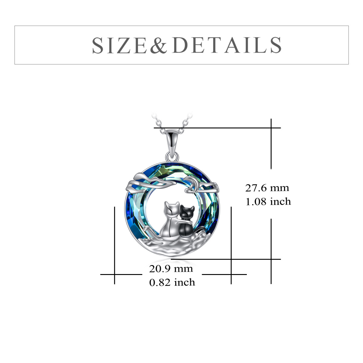 Sterling Silver Two-Tone Circular Cat & Couple & Cloud & Moon Crystal Pendant Necklace With Engraved Word-5