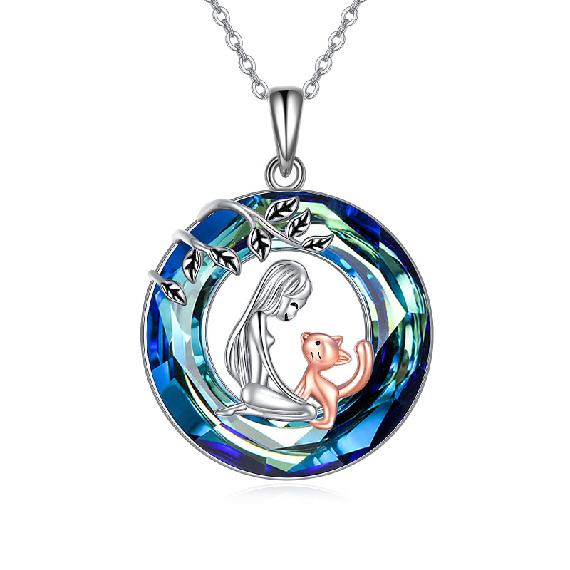 Sterling Silver Two-tone Circular Shaped Cat Crystal Pendant Necklace-18
