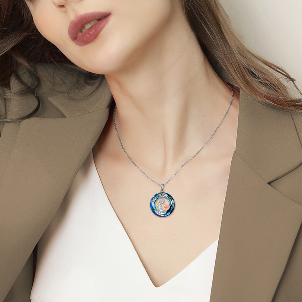Sterling Silver Two-tone Circular Shaped Cat Crystal Pendant Necklace-2