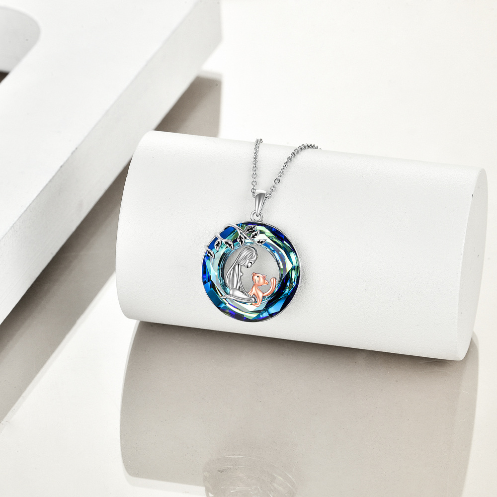 Sterling Silver Two-tone Circular Shaped Cat Crystal Pendant Necklace-3