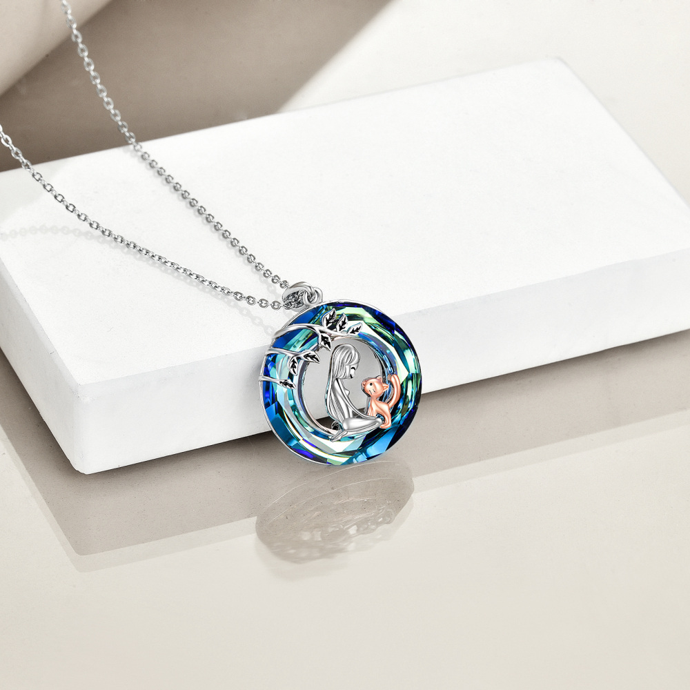 Sterling Silver Two-tone Circular Shaped Cat Crystal Pendant Necklace-4