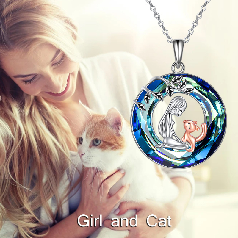 Colar de prata esterlina com anel de cristal azul gato para mulheres e meninas presente-5