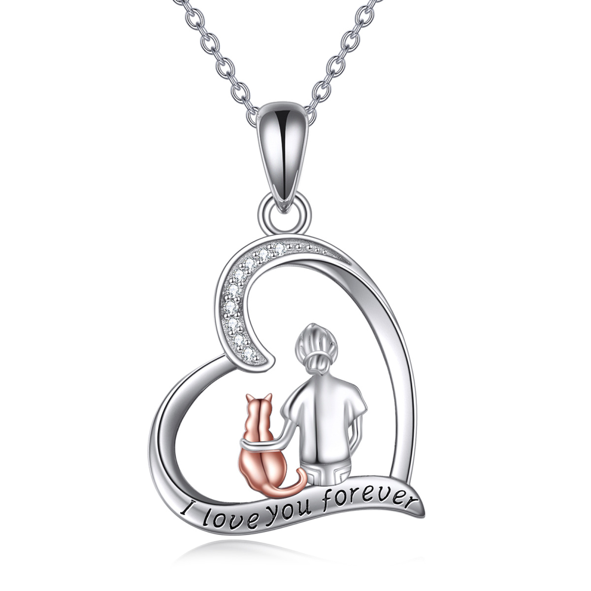 Sterling zilveren tweekleurige cirkelvormige zirkonia kat hart hanger ketting met gegraveerd woord-1