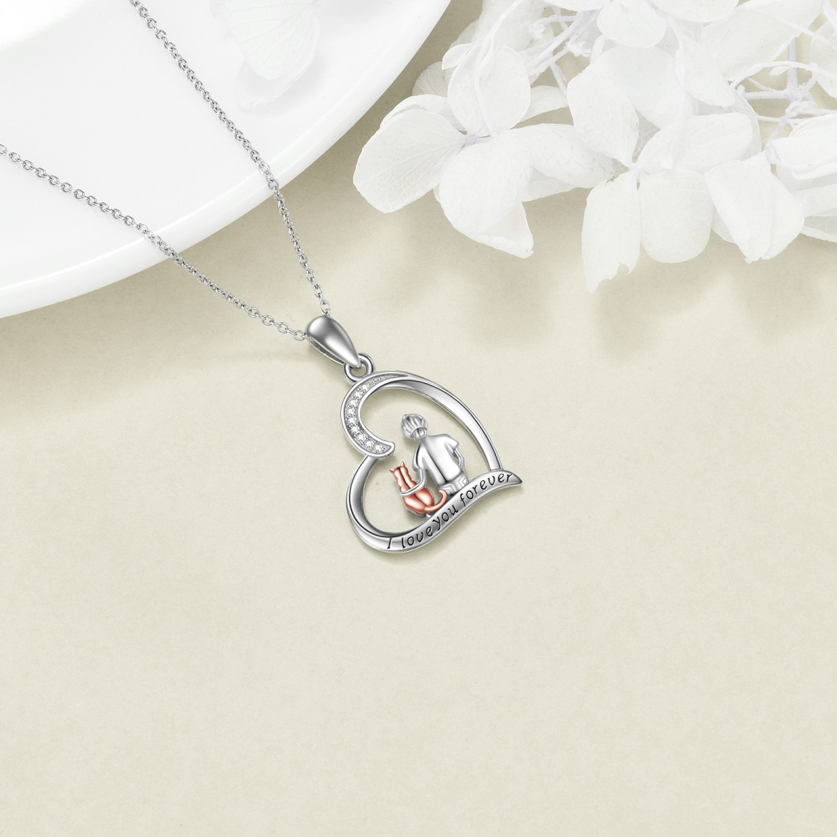 Sterling Silver Two-tone Circular Shaped Cubic Zirconia Cat & Heart Pendant Necklace with Engraved Word-4