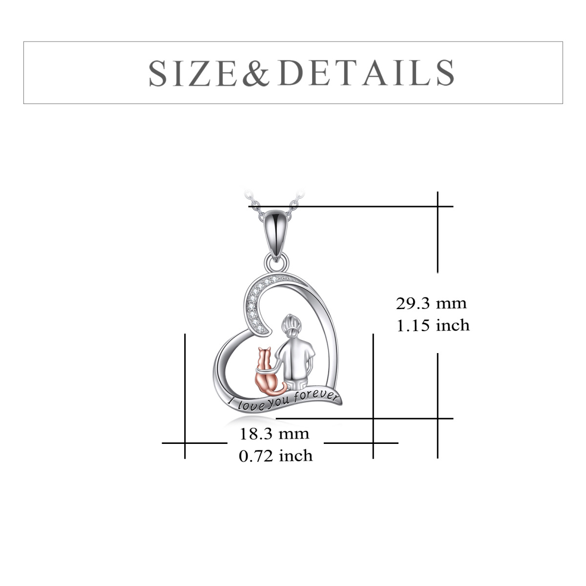 Sterling Silver Two-tone Circular Shaped Cubic Zirconia Cat & Heart Pendant Necklace with Engraved Word-5