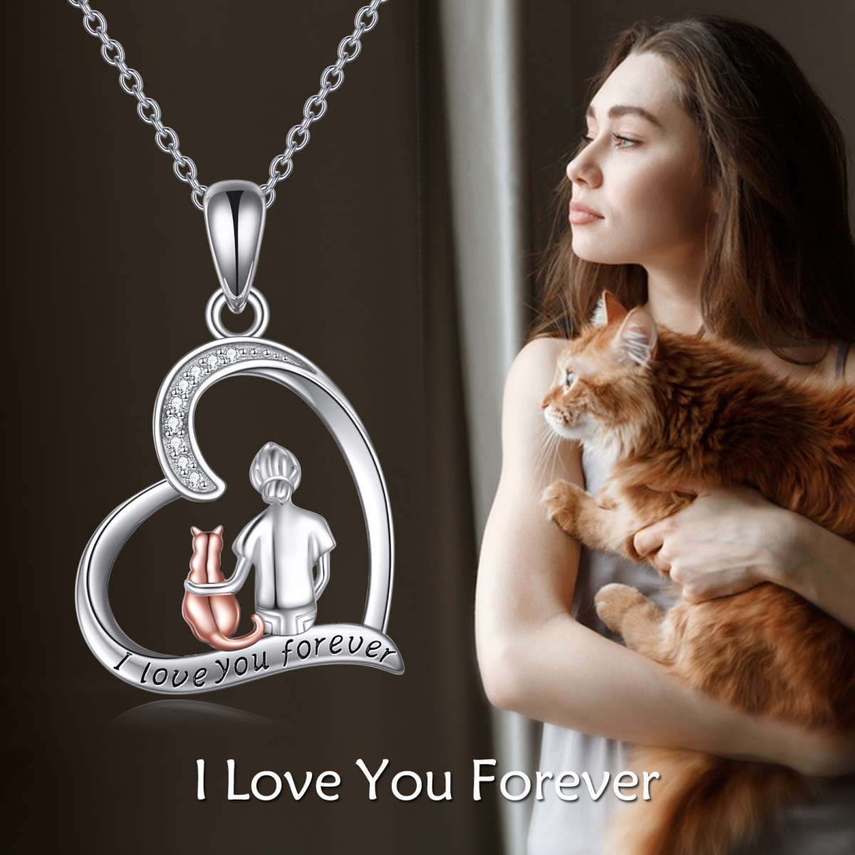 Sterling Silver Two-tone Circular Shaped Cubic Zirconia Cat & Heart Pendant Necklace with Engraved Word-6