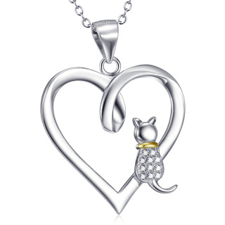 Sterling Silver Two-tone Circular Shaped Cubic Zirconia Cat & Heart Pendant Necklace-57