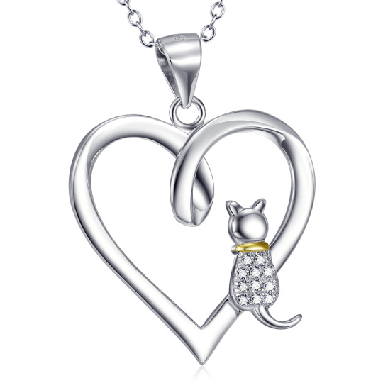 Collana bicolore in argento sterling con ciondolo circolare a forma di gatto e cuore con zirconia cubica