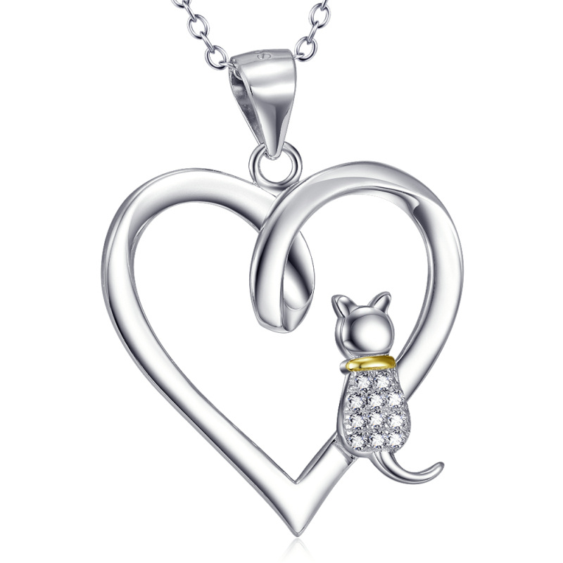 Sterling Silver Two-tone Circular Shaped Cubic Zirconia Cat & Heart Pendant Necklace-2