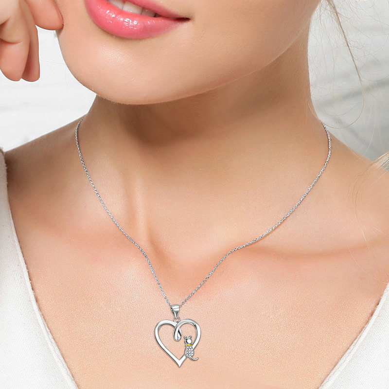 Sterling Silver Two-tone Circular Shaped Cubic Zirconia Cat & Heart Pendant Necklace-2