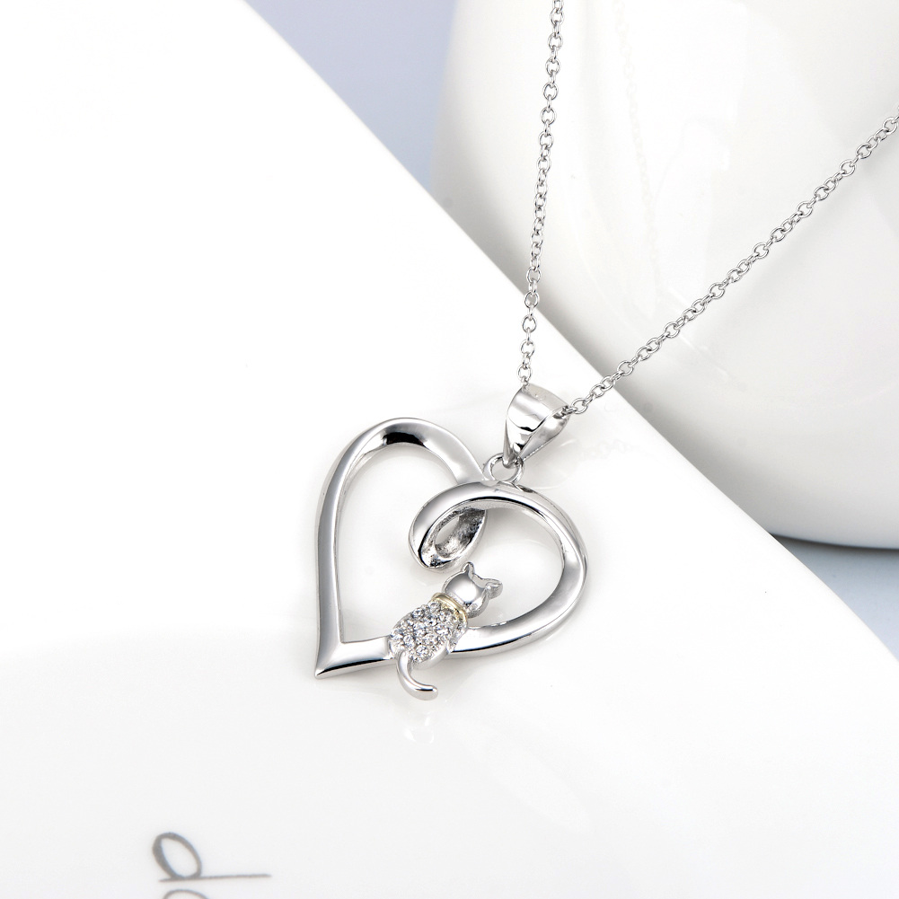 Sterling Silver Two-tone Circular Shaped Cubic Zirconia Cat & Heart Pendant Necklace-3