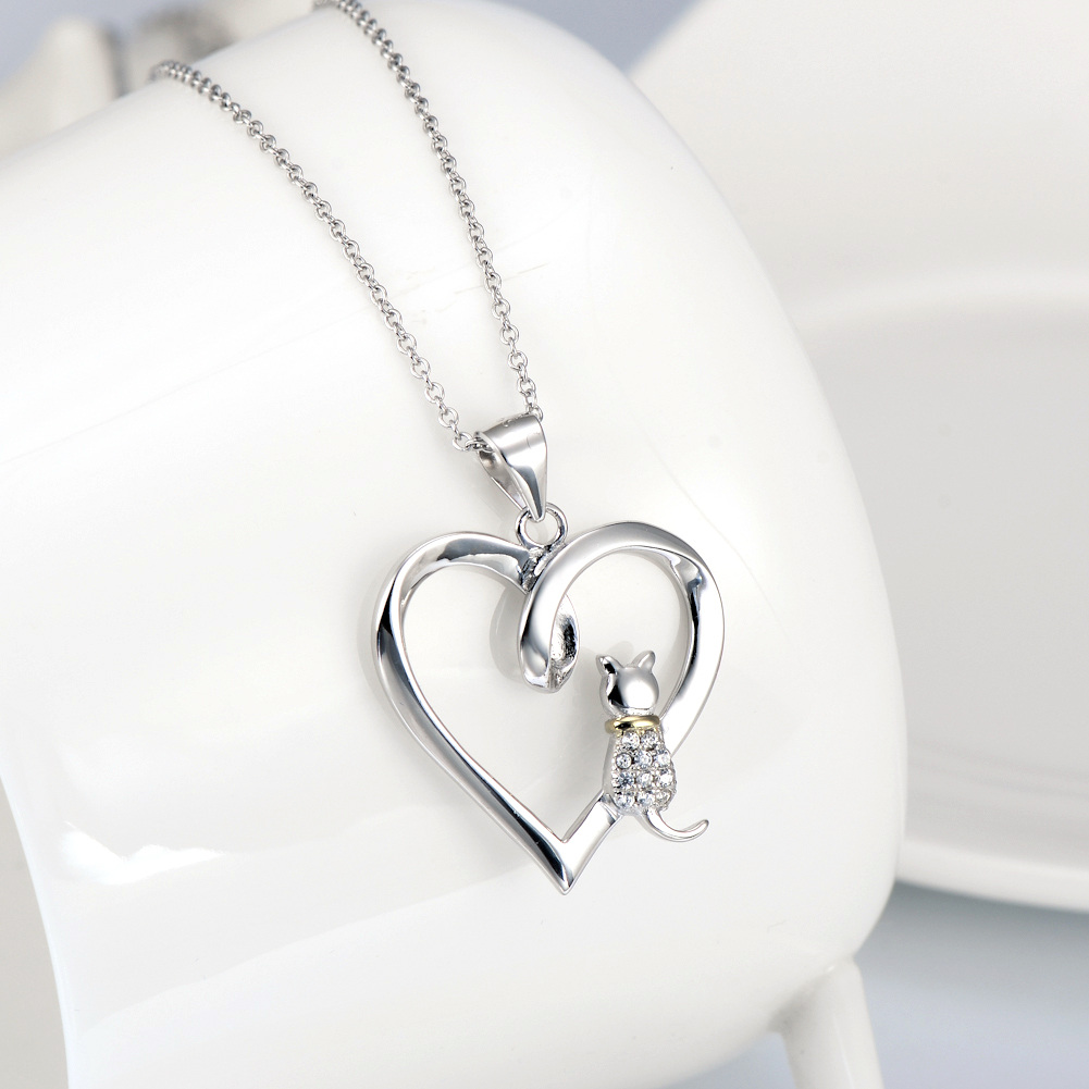 Sterling Silver Two-tone Circular Shaped Cubic Zirconia Cat & Heart Pendant Necklace-4