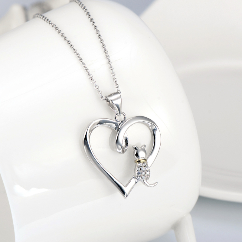 Sterling Silver Two-tone Circular Shaped Cubic Zirconia Cat & Heart Pendant Necklace-4