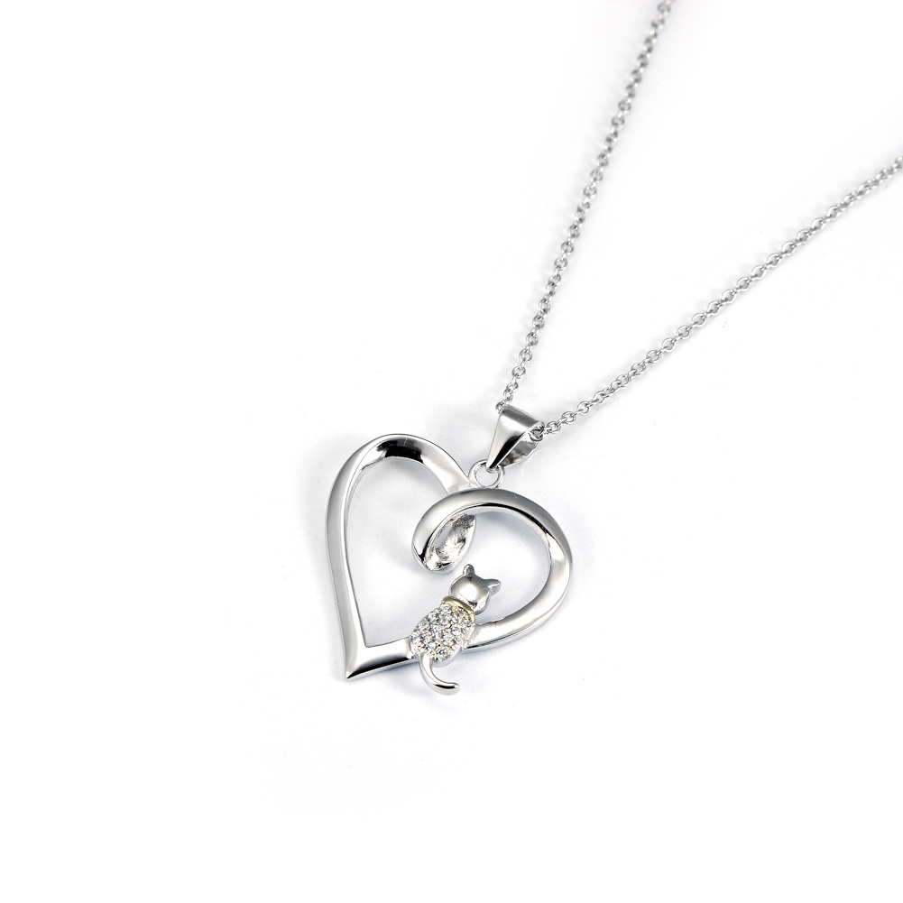 Sterling Silver Two-tone Circular Shaped Cubic Zirconia Cat & Heart Pendant Necklace-5