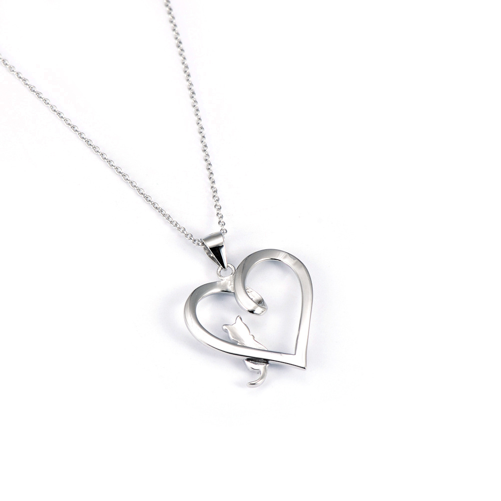 Sterling Silver Two-tone Circular Shaped Cubic Zirconia Cat & Heart Pendant Necklace-6