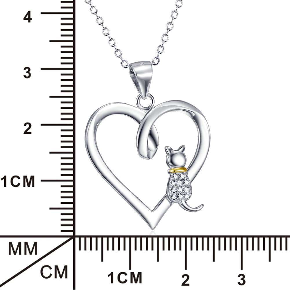 Sterling Silver Two-tone Circular Shaped Cubic Zirconia Cat & Heart Pendant Necklace-7