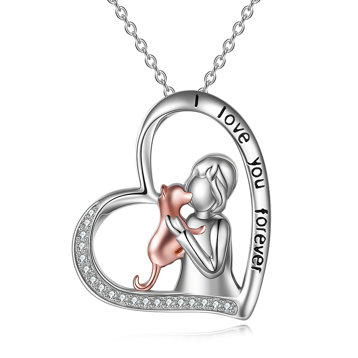 Sterling Silver Two-tone Circular Shaped Cubic Zirconia Cat & Heart Pendant Necklace with Engraved Word-1