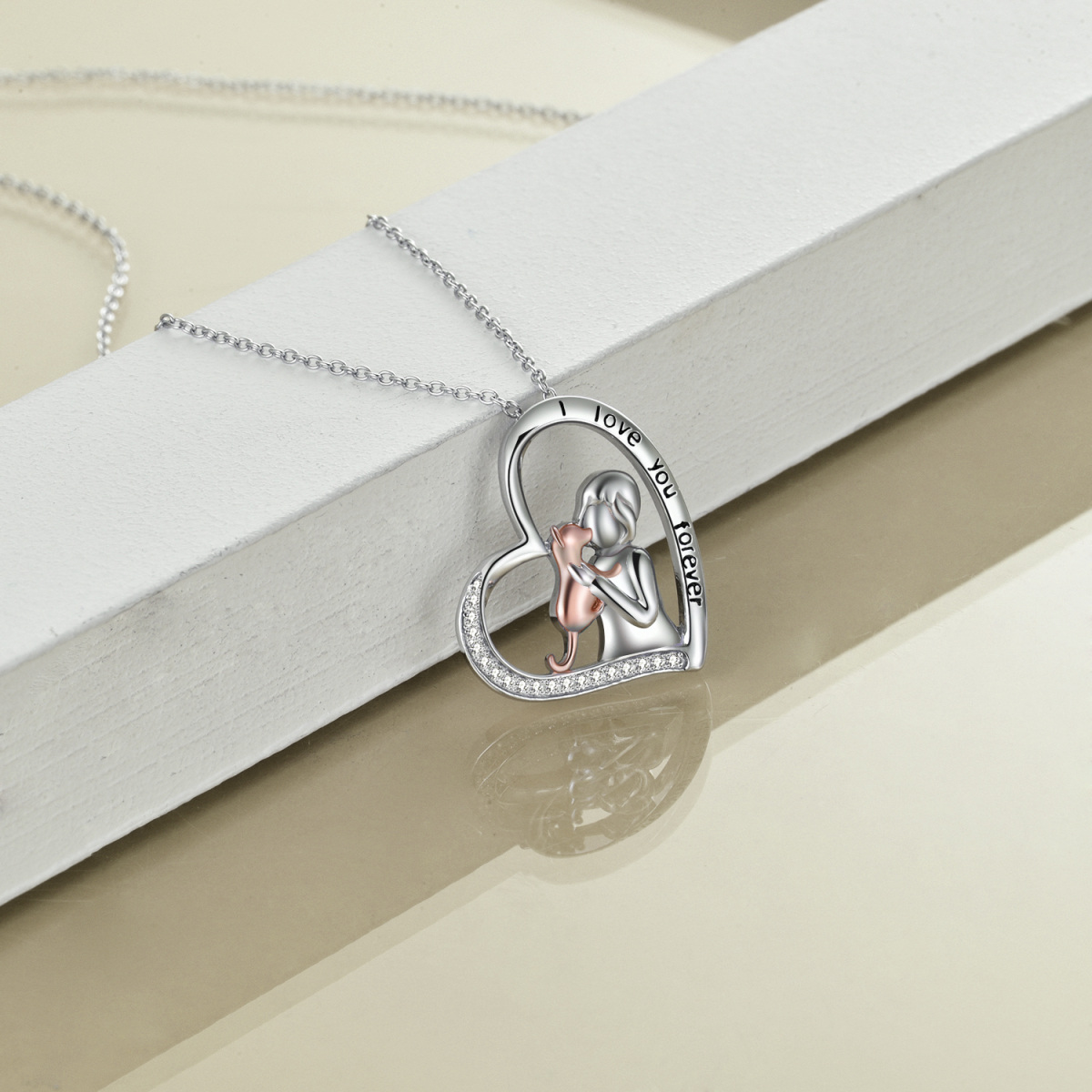 Sterling Silver Two-tone Circular Shaped Cubic Zirconia Cat & Heart Pendant Necklace with Engraved Word-4