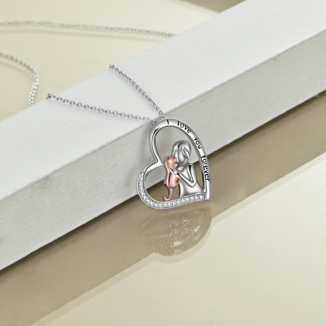 Sterling zilveren tweekleurige cirkelvormige zirkonia kat hart hanger ketting met gegraveerd woord-4