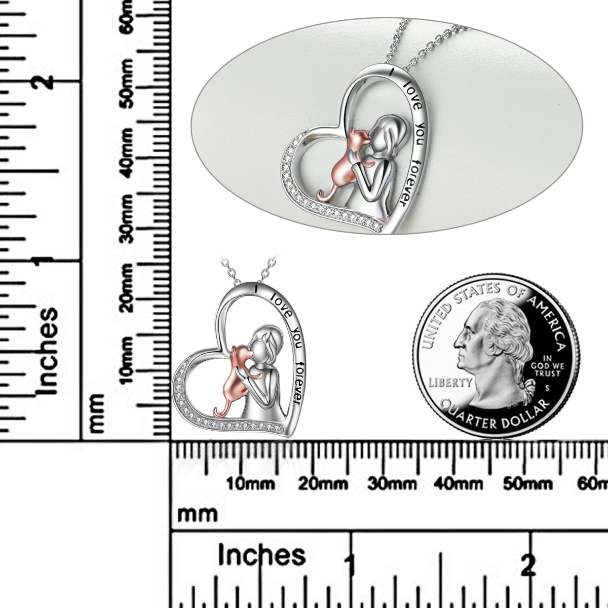 Collar con colgante de corazón de gato con circonita cúbica en forma circular de plata de ley con palabra grabada-5