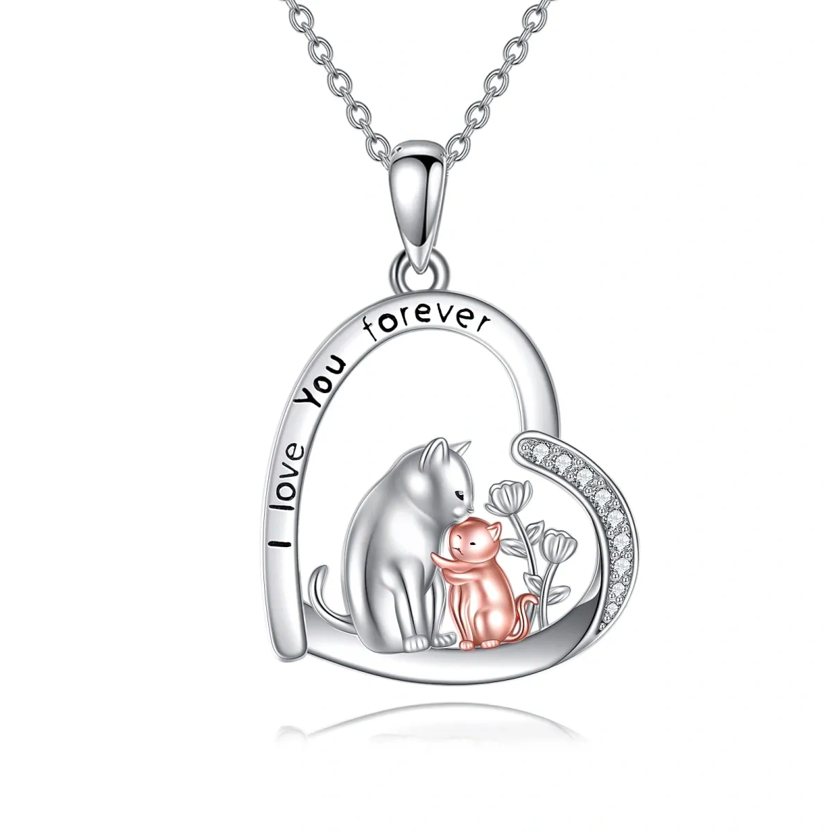 Collier en argent sterling bicolore avec pendentif chat et coeur en zircon cubique et mot-1