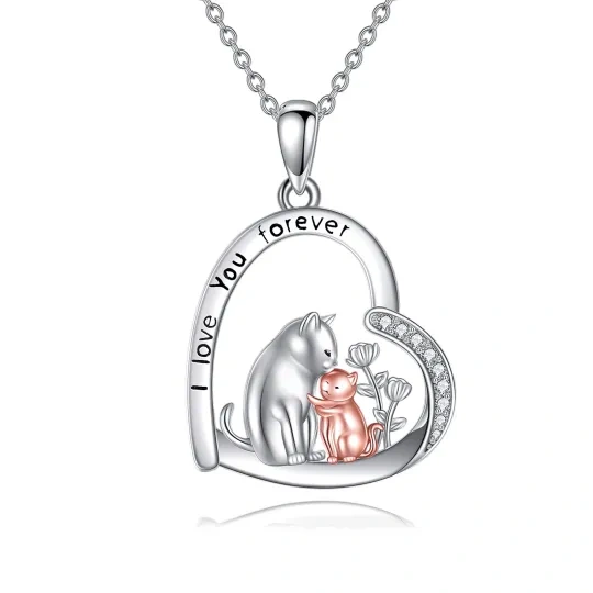 Collier en argent sterling bicolore avec pendentif chat et coeur en zircon cubique et mot