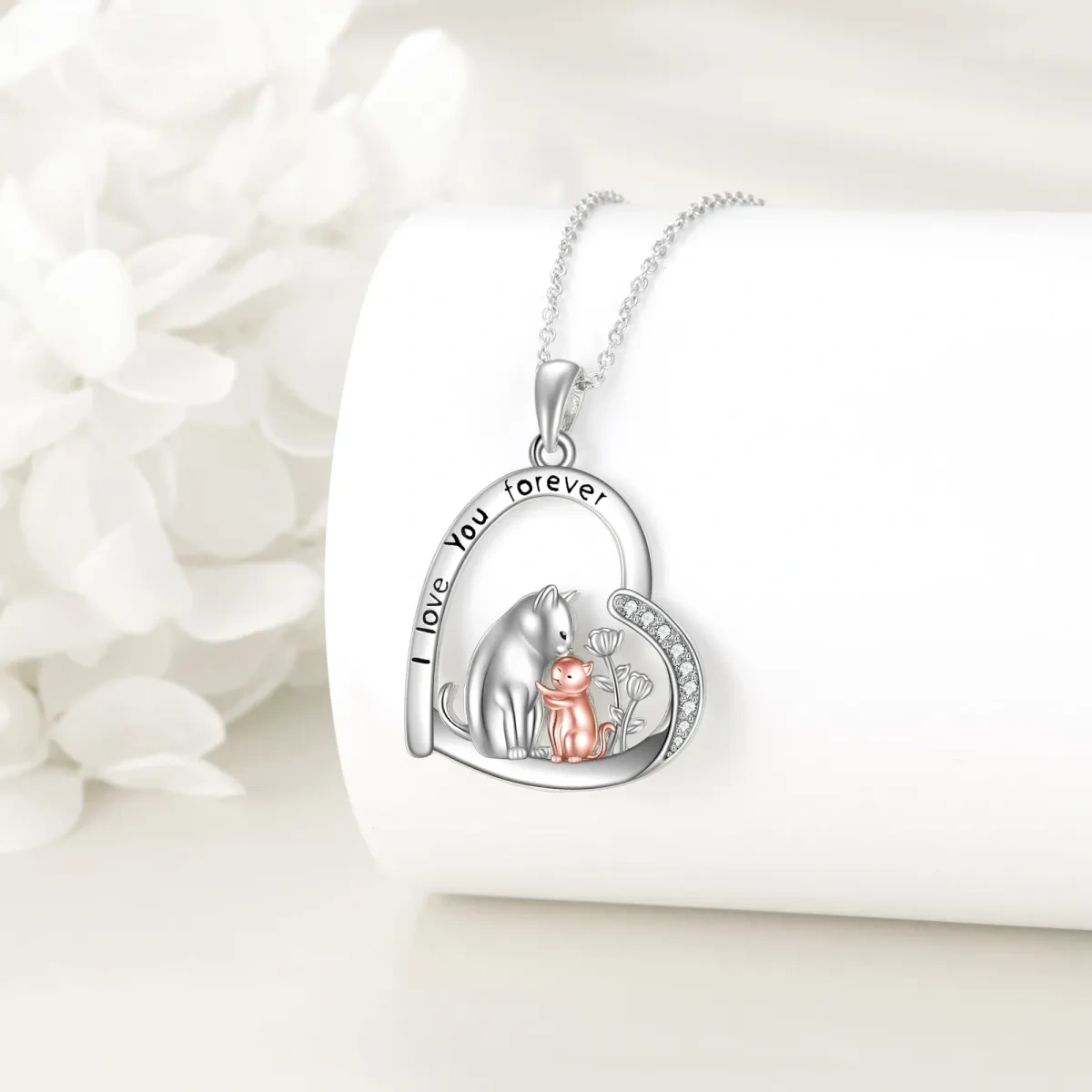 Collier en argent sterling bicolore avec pendentif chat et coeur en zircon cubique et mot-3