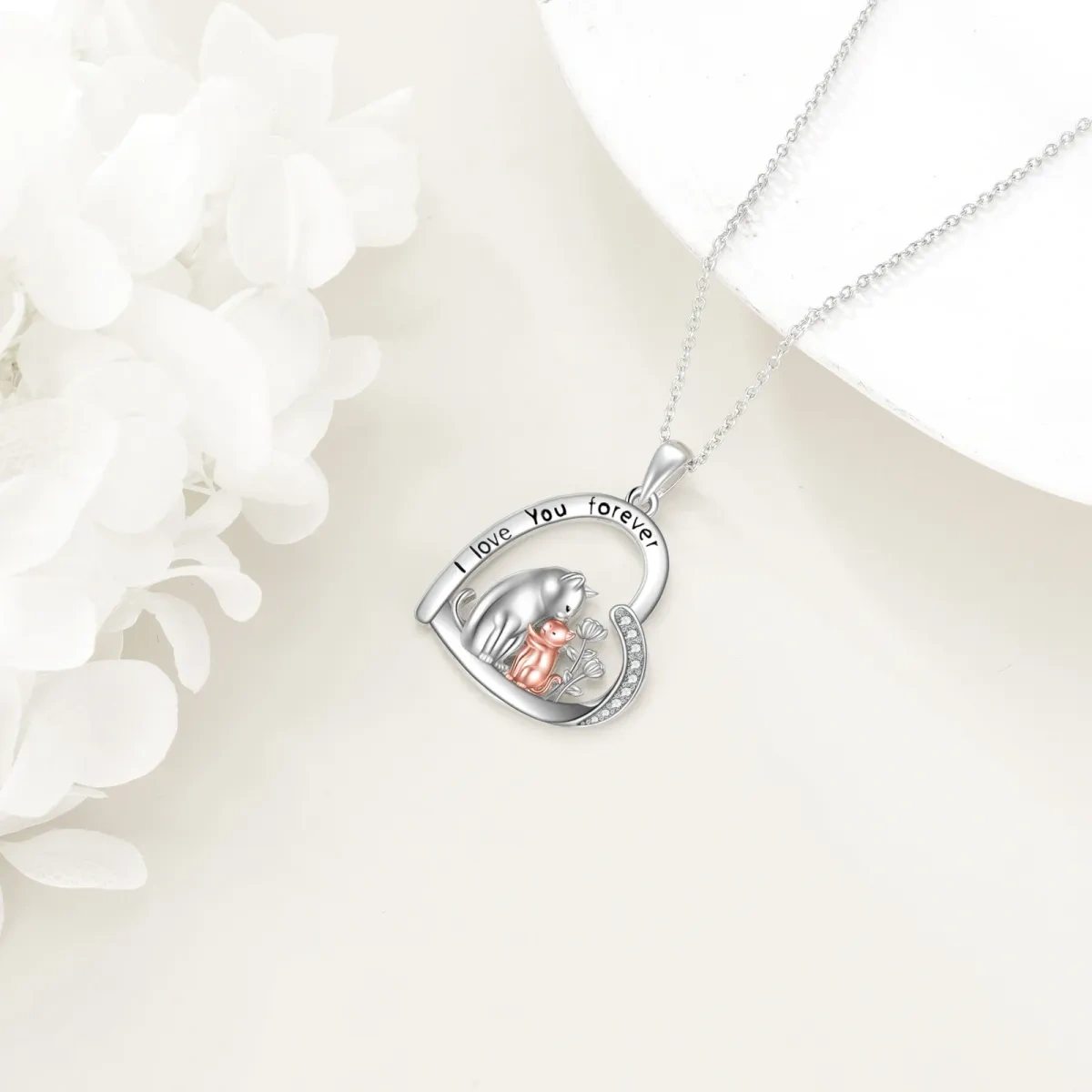 Collier en argent sterling bicolore avec pendentif chat et coeur en zircon cubique et mot-4