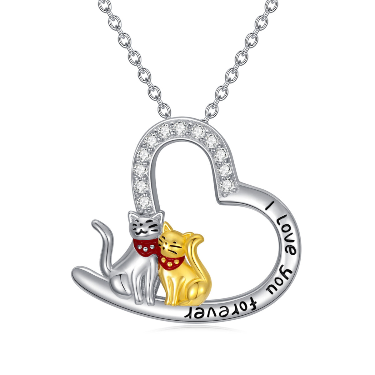 Sterling Silver Two-tone Circular Shaped Cubic Zirconia Cat & Heart Pendant Necklace with Engraved Word-1