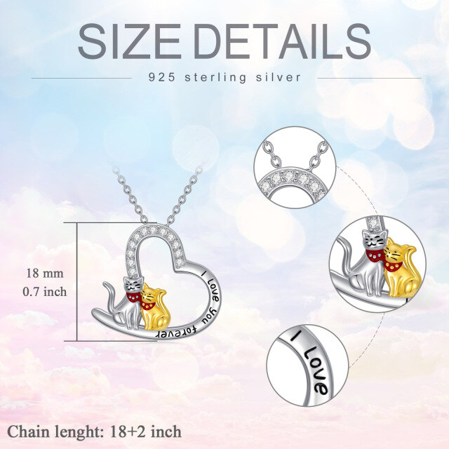 Sterling Silber zweifarbig kreisförmig Cubic Zirkonia Katze & Herz Anhänger Halskette mit-5