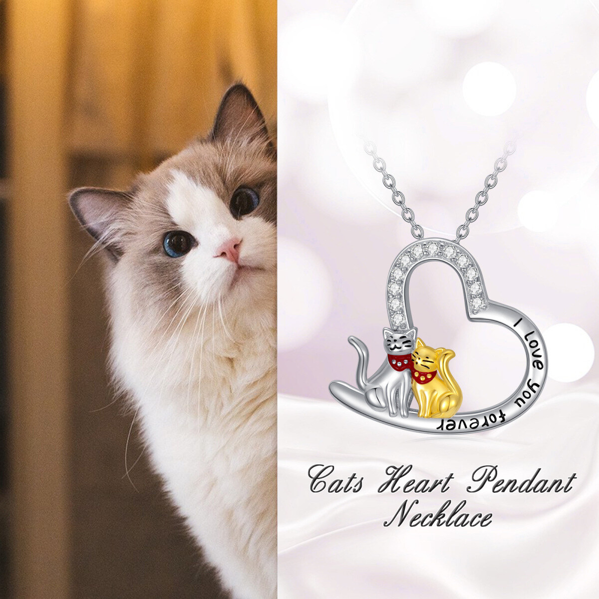 Sterling Silver Two-tone Circular Shaped Cubic Zirconia Cat & Heart Pendant Necklace with Engraved Word-6