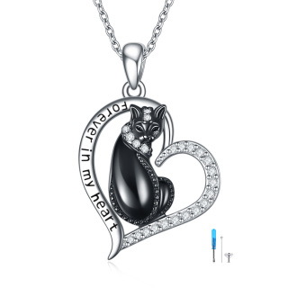 Sterling Silver Two-tone Circular Shaped Cubic Zirconia Cat & Heart Urn Necklace for Ashes with Engraved Word-48