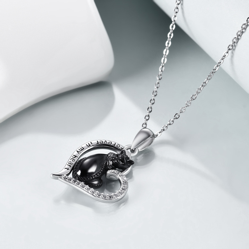 Sterling Silver Two-tone Circular Shaped Cubic Zirconia Cat & Heart Urn Necklace for Ashes with Engraved Word-3