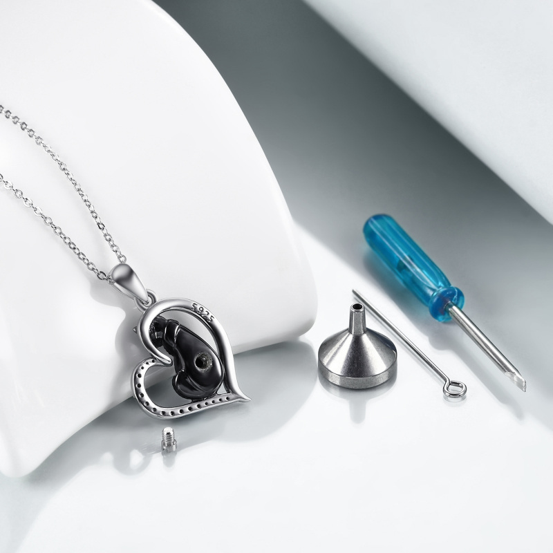 Sterling Silver Two-tone Circular Shaped Cubic Zirconia Cat & Heart Urn Necklace for Ashes with Engraved Word-4