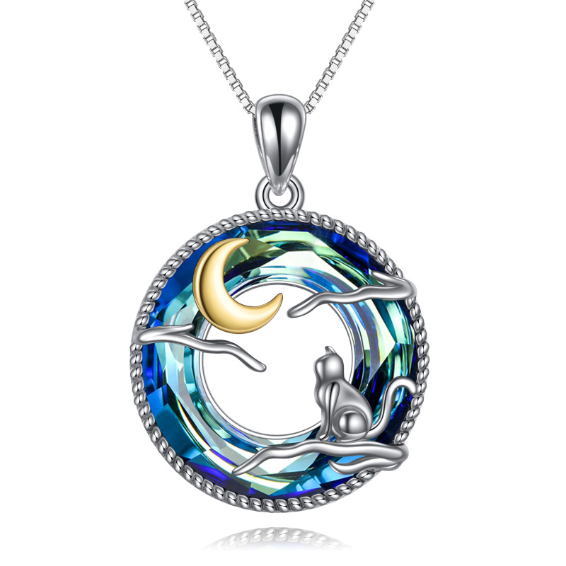 Sterling Silver Two-tone Circular Shaped Cat & Moon Crystal Pendant Necklace-2