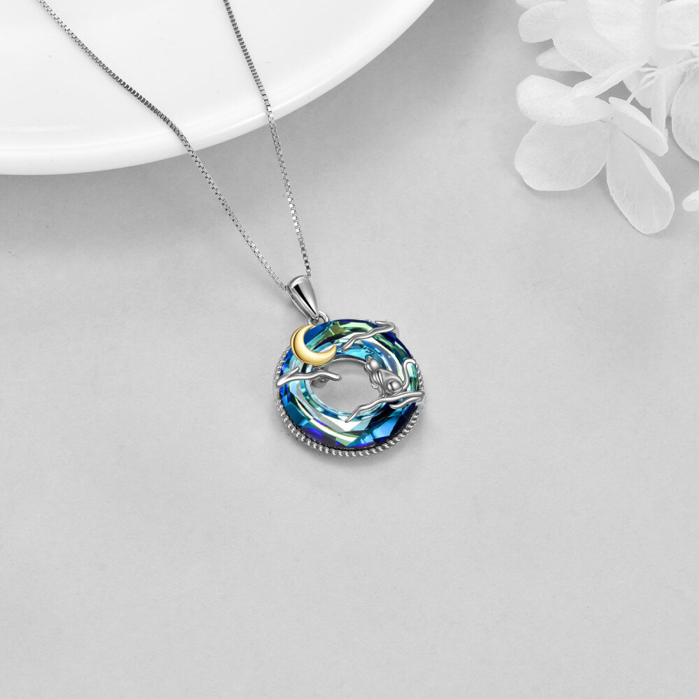 Sterling Silver Two-tone Circular Shaped Cat & Moon Crystal Pendant Necklace-4
