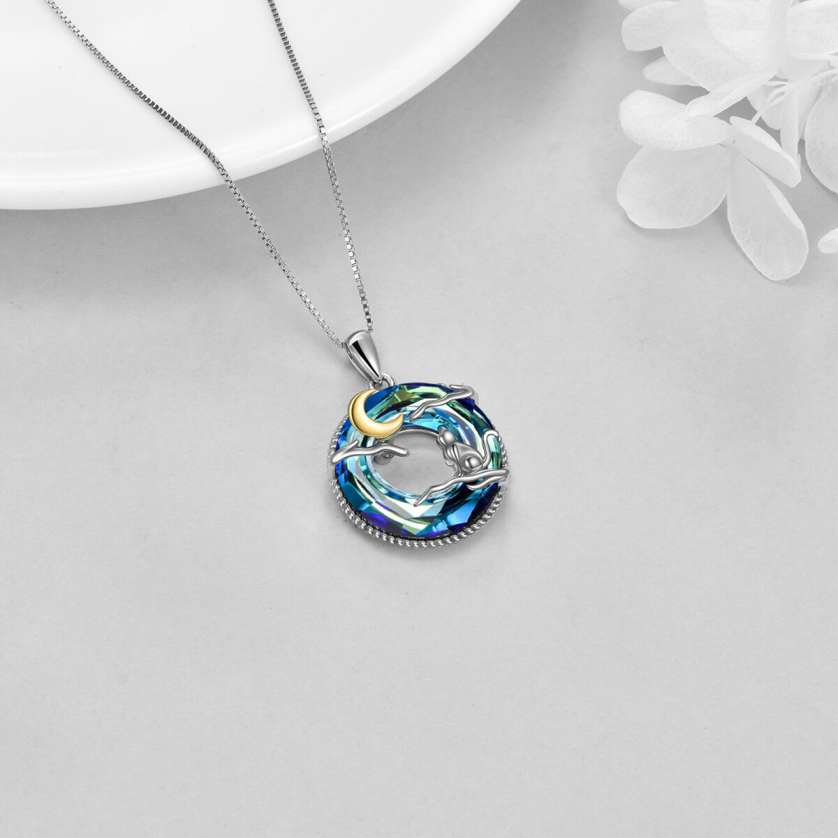 Sterling Silver Two-tone Circular Shaped Cat & Moon Crystal Pendant Necklace-4