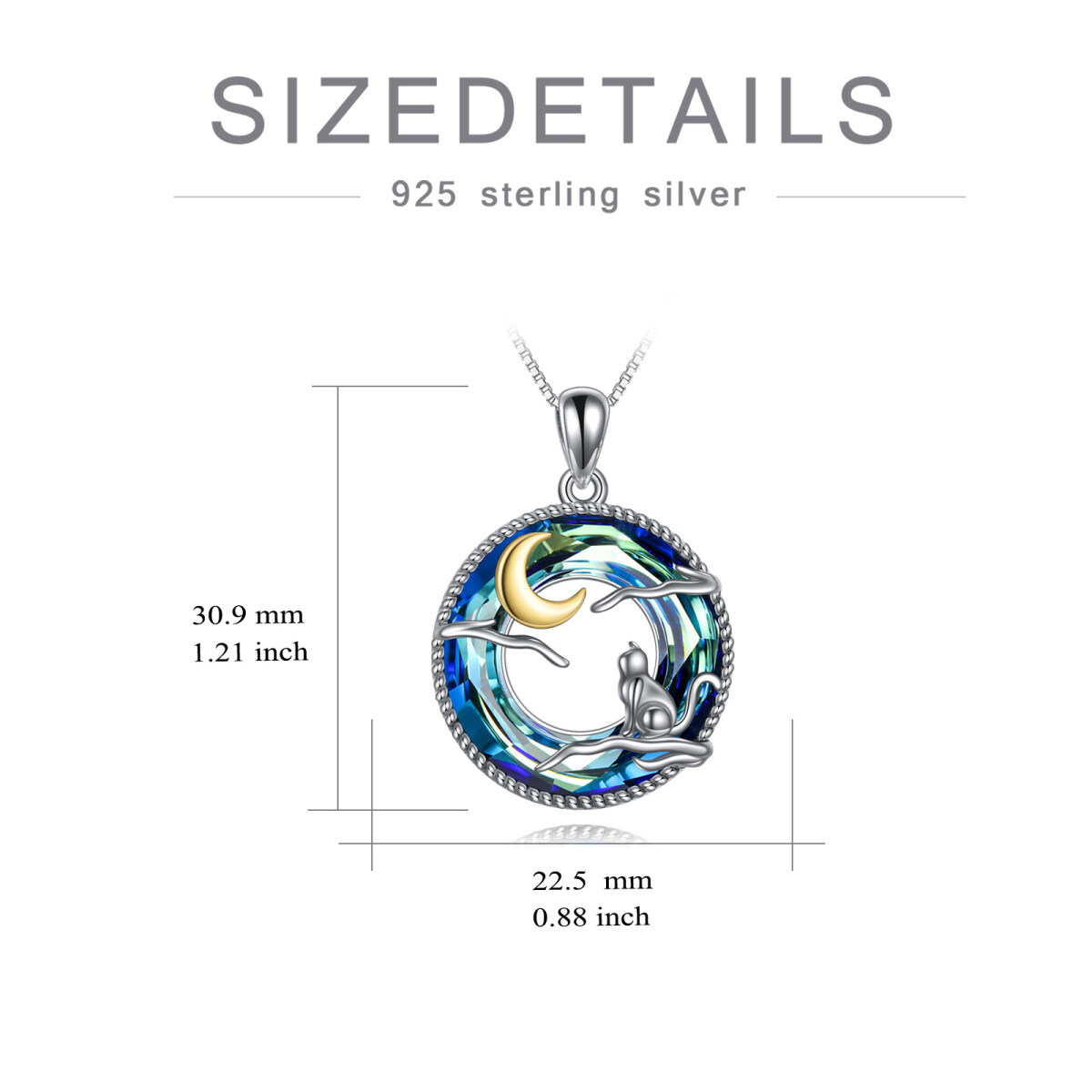 Sterling Silver Two-tone Circular Shaped Cat & Moon Crystal Pendant Necklace-5