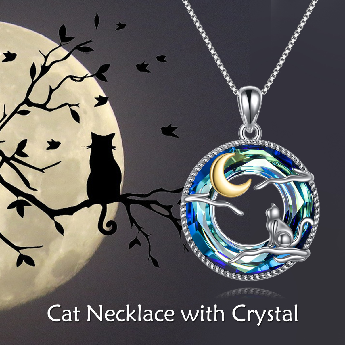 Sterling Silver Two-tone Circular Shaped Cat & Moon Crystal Pendant Necklace-6